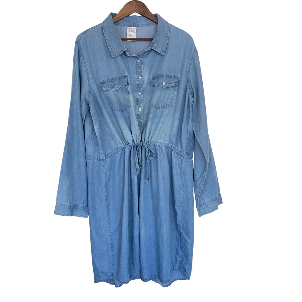 Serra Chambray Shirt‎ Dress Womens XL Light Blue Cotton Lyocell Drawstring Waist